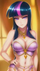 Size: 864x1536 | Tagged: suggestive, derpibooru import, editor:sammykun, machine learning generated, twilight sparkle, human, equestria girls, bare shoulders, beautisexy, bedroom eyes, belly button, breasts, busty twilight sparkle, clothes, female, gold, humanized, image, jewelry, jpeg, light skin, lighting, lingerie, long hair, looking at you, midriff, necklace, pantyhose, seductive, seductive pose, sexy, shiny, sleeveless, slim, solo, stupid sexy twilight, sunlight, window