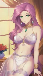 Size: 864x1536 | Tagged: suggestive, derpibooru import, editor:sammykun, machine learning generated, fluttershy, human, absolute cleavage, adorasexy, bare shoulders, beautisexy, belly button, bracelet, breasts, busty fluttershy, cleavage, clothes, cute, dress, female, flower, garter belt, gold, humanized, image, jewelry, jpeg, light skin, lingerie, loincloth, long hair, looking at you, midriff, necklace, pantyhose, seductive, seductive pose, sexy, shiny, shyabetes, silk, skirt, sleeveless, slim, solo, solo female, stupid sexy fluttershy, sultry pose, window