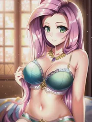 Size: 512x682 | Tagged: suggestive, derpibooru import, editor:sammykun, machine learning generated, fluttershy, human, absolute cleavage, adorasexy, bare shoulders, beautisexy, belly button, bracelet, breasts, busty fluttershy, cleavage, clothes, cute, female, gold, humanized, image, jewelry, jpeg, light skin, lingerie, long hair, looking at you, midriff, necklace, seductive, seductive pose, sexy, shiny, shyabetes, sleeveless, slim, solo, solo female, stupid sexy fluttershy, sultry pose, window