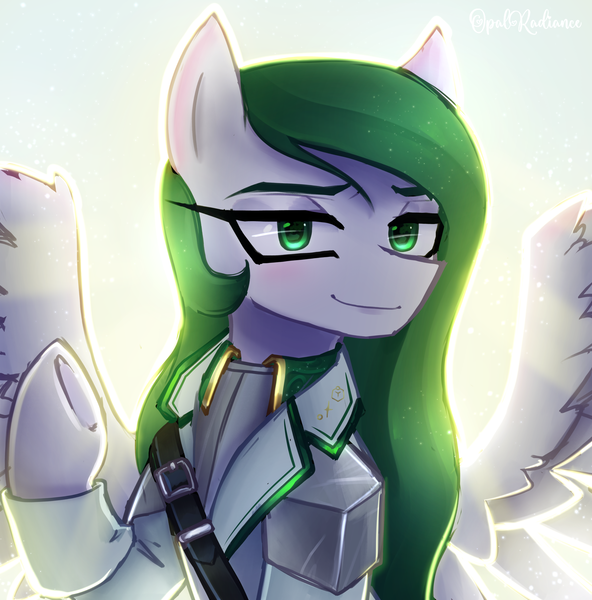 Size: 2268x2300 | Tagged: safe, artist:opal_radiance, derpibooru import, oc, oc:diandra greenline, unofficial characters only, pegasus, pony, clothes, eyebrows, female, high res, image, looking at you, mare, pegasus oc, png, smiling, smiling at you, solo, spread wings, uniform, wings