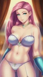 Size: 864x1536 | Tagged: suggestive, derpibooru import, editor:sammykun, machine learning generated, fluttershy, human, absolute cleavage, adorasexy, bare shoulders, beautisexy, belly button, bracelet, breasts, busty fluttershy, cleavage, clothes, cute, female, gold, humanized, image, jewelry, light skin, lingerie, long hair, looking at you, midriff, necklace, png, seductive, seductive pose, sexy, shiny, shyabetes, sleeveless, slim, solo, solo female, stupid sexy fluttershy, sultry pose, window