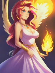 Size: 1020x1360 | Tagged: safe, derpibooru import, editor:sammykun, sunset shimmer, human, angelic wings, bracer, breasts, busty sunset shimmer, clothes, dress, female, fire, gold, humanized, image, jewelry, necklace, png, serious, serious face, simple background, skirt, solo, spread wings, white dress, wings