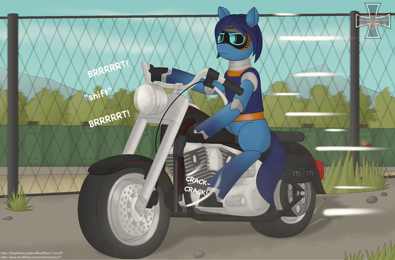 Size: 2514x1659 | Tagged: safe, artist:blued_cross31, derpibooru import, oc, oc:fridge, pony, robot, robot pony, female, fence, gun, image, motorcycle, movie reference, png, shotgun, solo, terminator, vehicle, weapon