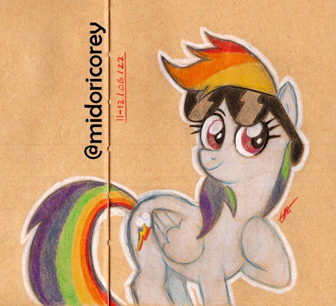 Size: 1100x1002 | Tagged: safe, artist:midoricorey, derpibooru import, rainbow dash, pegasus, pony, image, jpeg, solo, traditional art