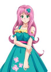 Size: 1158x1637 | Tagged: safe, artist:meielf, derpibooru import, kotobukiya, fluttershy, human, equestria girls, clothes, cute, dress, explicit source, female, human coloration, image, kotobukiya fluttershy, png, shyabetes, simple background, solo, white background