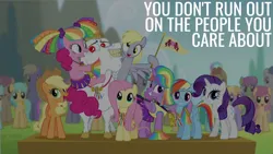 Size: 1920x1080 | Tagged: safe, derpibooru import, edit, edited screencap, editor:quoterific, screencap, applejack, brolly, bulk biceps, cloud kicker, derpy hooves, dizzy twister, doctor whooves, fluttershy, merry may, orange swirl, pinkie pie, purple waters, rainbow dash, rarity, spring melody, sprinkle medley, sunshower raindrops, time turner, twilight sparkle, warm front, whitewash, rainbow falls, image, mane six, png, thorn (g4)