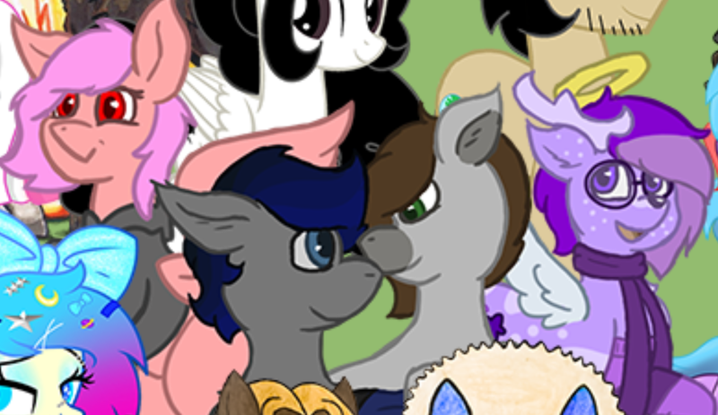 Size: 974x564 | Tagged: safe, artist:lil_vampirecj, derpibooru import, oc, oc:cj vampire, oc:stew, oc:tracy, oc:zephyr star, unofficial characters only, bat pony, deer, earth pony, pegasus, pony, derpibooru community collaboration, 2023 community collab, deer oc, derpibooru exclusive, group, halo, image, non-pony oc, png, tribute