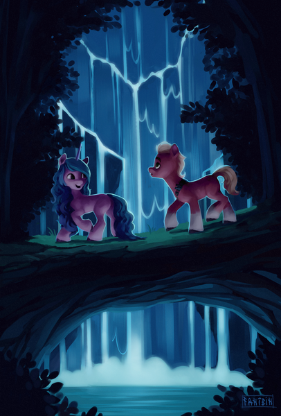 Size: 1926x2844 | Tagged: safe, artist:fantein, derpibooru import, izzy moonbow, sprout cloverleaf, earth pony, pony, unicorn, beautiful, bridlewood, female, forest, g5, image, izzysprout, male, mare, night, png, shipping, stallion, straight, tree, water, waterfall