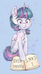 Size: 3416x6072 | Tagged: safe, artist:lightisanasshole, derpibooru import, twilight sparkle, twilight sparkle (alicorn), alicorn, pony, read it and weep, abstract background, book, bookhorse, chest fluff, cute, ear fluff, image, looking down, png, solo, swearing, traditional art, twiabetes, vulgar, watercolor painting