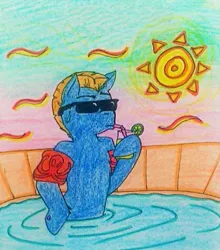 Size: 960x1092 | Tagged: safe, artist:mintytreble, derpibooru import, teddy, earth pony, pony, my little pony tales, drink, drinking, drinking straw, g1, glasses, heat, image, jpeg, summer, sunglasses, swimming pool, traditional art