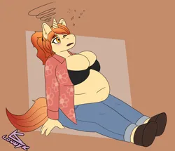 Size: 4000x3438 | Tagged: suggestive, artist:lonnyk, derpibooru import, oc, unofficial characters only, anthro, unguligrade anthro, unicorn, belly, belly button, big belly, blushing, bra, bra overflow, breast overpour, breasts, clothes, denim, drunk, drunk bubbles, fat, female, image, jeans, obese, open clothes, open mouth, open shirt, pants, png, sitting, solo, solo female, underwear