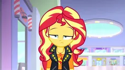 Size: 680x383 | Tagged: safe, derpibooru import, sunset shimmer, human, equestria girls, equestria girls series, annoyed, clothes, female, half-closed eyes, image, jacket, jpeg, leather, leather jacket, mall, teenager