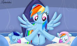 Size: 1200x720 | Tagged: safe, artist:mlplary6, derpibooru import, rainbow dash, oc, oc:blue skies, oc:speedy dash, pegasus, pony, baby, baby pony, bottle, colt, cradle, eyes closed, feeding, female, filly, flying, foal, image, male, mare, momma dash, mother and child, mother and daughter, mother and son, offspring, parent:rainbow dash, parent:soarin', parents:soarindash, png, siblings, smiling, twins