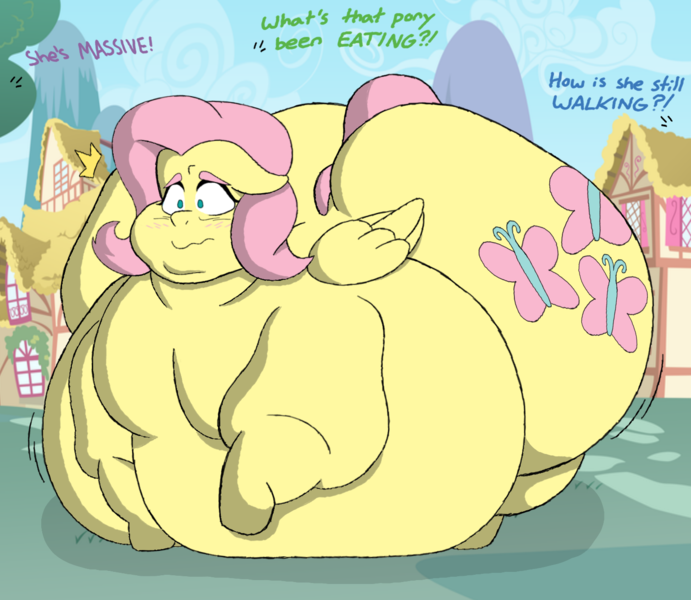 Size: 1424x1237 | Tagged: suggestive, artist:colbob111, derpibooru import, fluttershy, pegasus, pony, belly, belly on floor, big belly, bingo wings, blushing, butt, chubby cheeks, embarrassed, fat, fat shaming, fattershy, female, fetish, flabby chest, floppy ears, food, huge belly, huge butt, image, impossibly large belly, impossibly large butt, large butt, mare, morbidly obese, near immobile, obese, offscreen character, outdoors, png, ponyville, stretched cutie mark, thighs, thunder thighs, wavy mouth