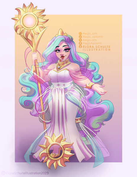 Size: 1970x2550 | Tagged: safe, artist:aegisaplomb, derpibooru import, princess celestia, human, clothes, dress, female, high res, humanized, image, passepartout, png, solo, staff