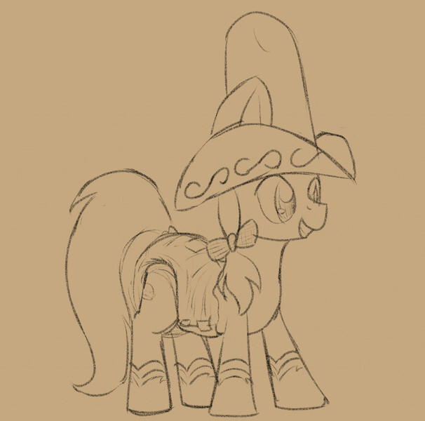 Size: 1280x1267 | Tagged: safe, artist:ricktin, derpibooru import, peachy sweet, pony, apple family member, boots, clothes, cowboy hat, diaper, diaper fetish, fetish, hat, image, jpeg, non-baby in diaper, shoes, sketch
