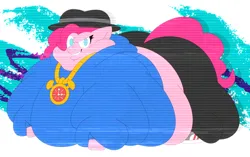 Size: 2048x1290 | Tagged: suggestive, artist:colbob111, derpibooru import, pinkie pie, earth pony, pony, testing testing 1-2-3, belly on floor, bingo wings, chubby cheeks, clothes, double chin, fat, hoodie, image, morbidly obese, obese, png, pudgy pie, rapper pie, shoes, sneakers, solo, solo jazz, the rappin' hist'ry of the wonderbolts