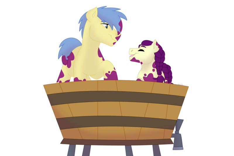 Size: 1280x854 | Tagged: safe, artist:itstechtock, derpibooru import, boysenberry, goldengrape, sir colton vines iii, pony, grape stomping, image, png, simple background, transparent background