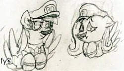 Size: 1024x589 | Tagged: safe, artist:funnykristian, derpibooru import, fluttershy, rainbow dash, duo, duo female, facial hair, female, hat, image, jpeg, mario, moustache, super mario bros., traditional art