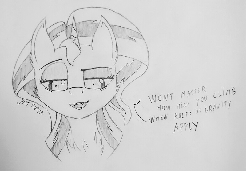 Size: 2297x1604 | Tagged: safe, artist:just rusya, derpibooru import, sunset shimmer, unicorn, bust, eyebrows, fangs, image, jpeg, lidded eyes, looking at you, looking down, looking down at you, offscreen character, open mouth, pencil drawing, portrait, pov, raised eyebrow, smiling, smirk, solo, traditional art