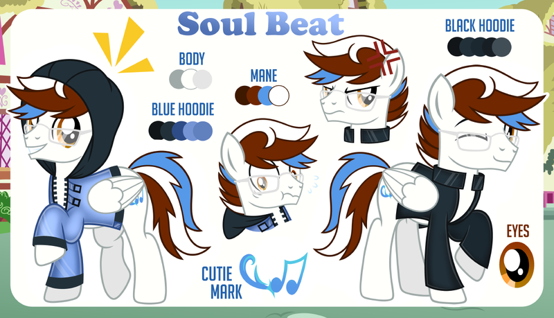 Size: 1200x689 | Tagged: safe, artist:jennieoo, derpibooru import, oc, oc:soul beat, pony, angry, clothes, cutie mark, glasses, hoodie, image, jacket, leather, leather jacket, looking at you, one eye closed, png, reference, reference sheet, shocked, show accurate, simple background, smiling, smiling at you, solo, vector, wink