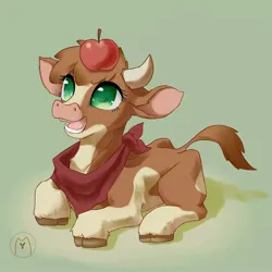 Size: 2000x2000 | Tagged: safe, artist:malt cat, derpibooru import, arizona cow, cow, them's fightin' herds, apple, arizona (tfh), arizonadorable, cloven hooves, community related, cute, female, food, green background, image, jpeg, looking up, lying down, neckerchief, open mouth, prone, simple background, solo