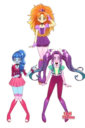 Size: 500x750 | Tagged: safe, derpibooru import, adagio dazzle, aria blaze, sonata dusk, equestria girls, belt, boots, clothes, denim, high heel boots, image, jacket, jeans, pants, png, shirt, shoes, simple background, skirt, socks, the dazzlings, transparent background, trio, vest