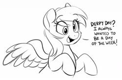 Size: 1102x721 | Tagged: safe, artist:higgly-chan, derpibooru import, derpy hooves, pegasus, pony, derpy day, dialogue, eye clipping through hair, eyebrows, eyebrows visible through hair, female, grayscale, image, jpeg, mare, monochrome, open mouth, simple background, solo, spread wings, talking, white background, wings