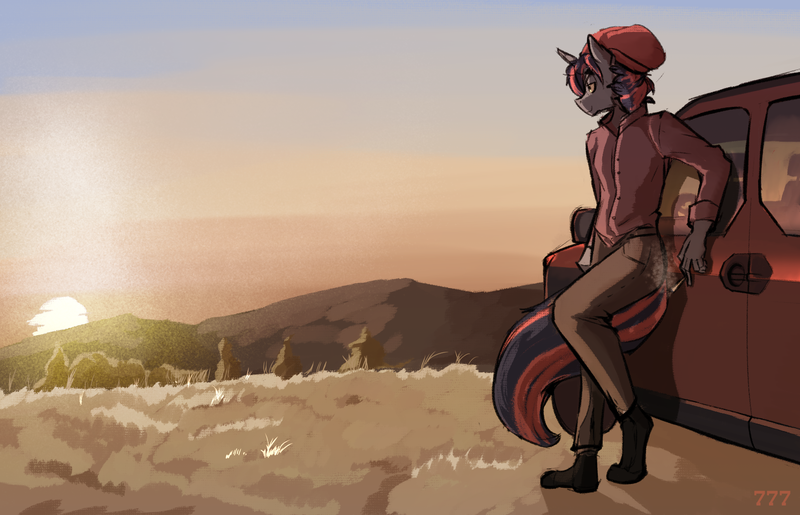 Size: 1678x1080 | Tagged: safe, artist:triplesevens, derpibooru import, oc, oc:hazey, unofficial characters only, anthro, unicorn, car, image, male, png, smoke, smoking, solo, sunset