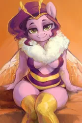 Size: 2000x3000 | Tagged: suggestive, artist:jewellier, derpibooru import, pipp petals, anthro, bee, bee pony, hybrid, insect, original species, pony, bedroom eyes, bodysuit, breasts, bumblebee, bumblebipp, chubby, clothes, female, fur collar, g5, image, insect wings, looking at you, mare, pear shaped, png, reasonably sized breasts, relaxed, sexy, simple background, sitting, socks, solo, solo female, species swap, stupid sexy pipp petals, thigh highs, thighs, thunder thighs, underboob, wide hips, wings
