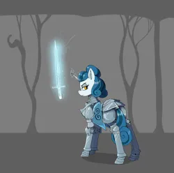 Size: 1754x1740 | Tagged: safe, artist:paskanaakka, derpibooru import, oc, oc:cerulean swirls, unofficial characters only, pony, armor, derpibooru exclusive, ear fluff, female, image, magic, mare, plate armor, platemail, png, solo, sword, weapon