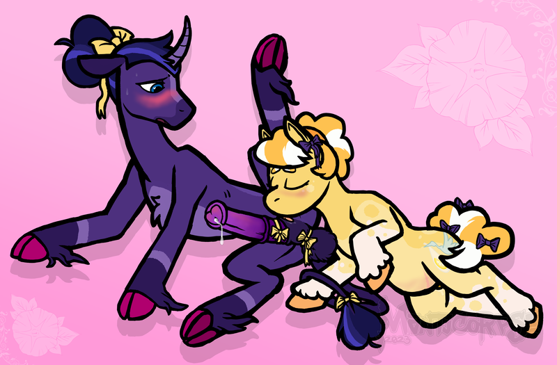 Size: 3616x2374 | Tagged: explicit, artist:manticorpse, derpibooru import, oc, oc:blacklight bulb, oc:lemon meringue, earth pony, pony, unicorn, blushing, bow, cloven hooves, cum, curved horn, dripping, dripping cum, dripping precum, hair bow, hair bun, horn, horsecock, image, licking, licking cock, nudity, oral, penis, png, precum, sex, tail, tail bow, tongue out, unicorn horn, unicorn oc, vulva