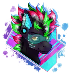 Size: 1361x1402 | Tagged: safe, artist:chvrchgrim, derpibooru import, oc, oc:krypt, pegasus, pony, abstract background, augmented, black sclera, bust, cybernetic eyes, cybernetic pony, cyberpunk, ear piercing, eyebrows, gauges, image, male, multicolored hair, neon, pegasus oc, piercing, png, portrait, smiling, smirk, solo, visor, wind, windswept mane, wings