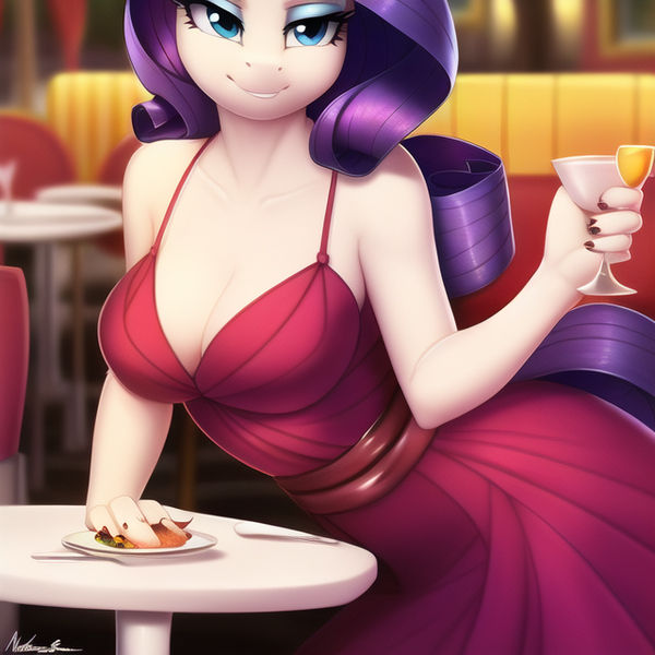 Size: 640x640 | Tagged: suggestive, derpibooru import, machine learning generated, novelai, stable diffusion, rarity, anthro, bedroom eyes, breasts, busty rarity, cleavage, clothes, date, dress, image, lip bite, png, restaurant