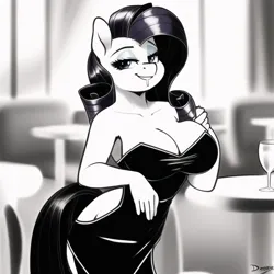 Size: 640x640 | Tagged: suggestive, derpibooru import, machine learning generated, novelai, stable diffusion, rarity, anthro, bedroom eyes, big breasts, black and white, breasts, busty rarity, cleavage, clothes, date, dress, grayscale, image, lip bite, missing horn, monochrome, png, restaurant, smiling