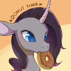 Size: 2000x2000 | Tagged: safe, artist:malt cat, derpibooru import, oleander (tfh), unicorn, them's fightin' herds, bust, chest fluff, community related, curved horn, cute, donut, female, food, horn, image, jpeg, mouth hold, simple background, solo