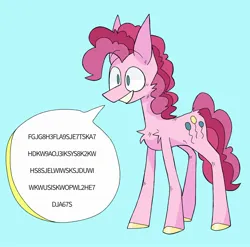 Size: 2048x2023 | Tagged: safe, artist:volchok, derpibooru import, pinkie pie, earth pony, pony, blue background, dialogue, female, image, jpeg, mare, simple background, smiling, solo, speech bubble