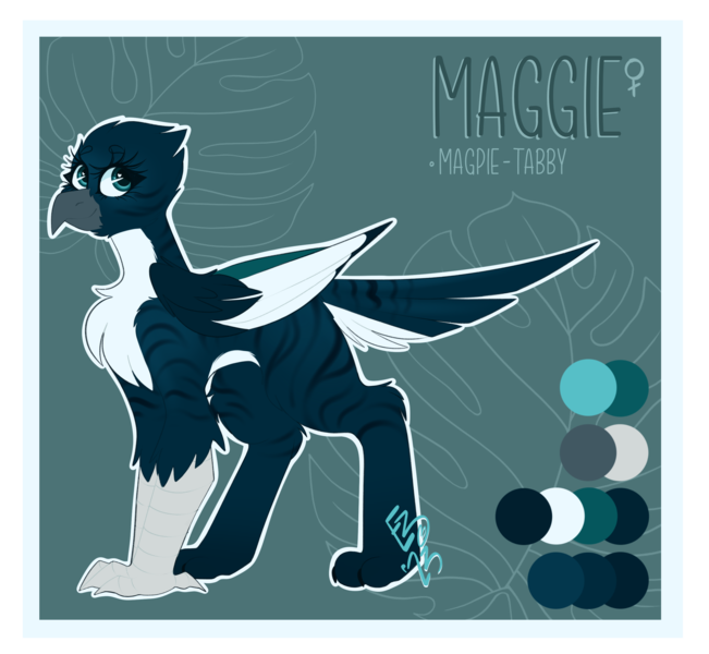 Size: 2700x2489 | Tagged: safe, artist:ezzerie, derpibooru import, oc, oc:maggie, unofficial characters only, bird, gryphon, magpie, image, png, reference sheet, solo, tabby cat