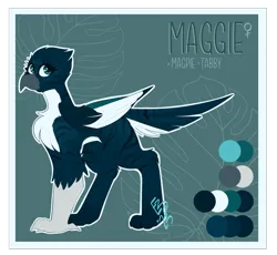 Size: 2700x2489 | Tagged: safe, artist:ezzerie, derpibooru import, oc, oc:maggie, unofficial characters only, bird, gryphon, magpie, image, png, reference sheet, solo, tabby cat