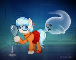 Size: 2096x1680 | Tagged: safe, artist:vinilyart, derpibooru import, coco pommel, earth pony, ghost, pony, undead, clothes, crossover, duo, eyelashes, female, glasses, image, magnifying glass, mare, png, scooby doo, skirt, velma dinkley