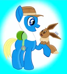 Size: 750x832 | Tagged: safe, artist:gracefulart693, derpibooru import, oc, oc:finn the pony, earth pony, eevee, pony, abstract background, adventure time, backpack, duo, hat, image, jpeg, pokémon, raised hoof