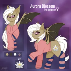 Size: 3000x3000 | Tagged: safe, artist:kianara, derpibooru import, oc, oc:aurora blossom, unofficial characters only, bat pony, pony, bat pony oc, bat wings, clothes, female, glasses, hoodie, image, mare, png, reference sheet, socks, solo, wings