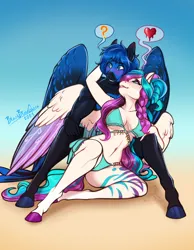 Size: 2560x3302 | Tagged: source needed, safe, artist:blackblood-queen, derpibooru import, oc, oc:abilio, oc:lily aura, unofficial characters only, anthro, pegasus, pony, unguligrade anthro, anthro oc, beach, belly button, bikini, blushing, breasts, clothes, commission, couple, digital art, female, gradient background, heart, image, male, mare, oc x oc, pegasus oc, png, shipping, smiling, stallion, straight, swimming trunks, swimsuit, wings