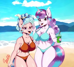 Size: 1280x1163 | Tagged: suggestive, artist:cjv2004, derpibooru import, cozy glow, princess flurry heart, alicorn, anthro, earth pony, human, pony, beach, bikini, breasts, clothes, humanized, image, looking at you, png, smiling, swimsuit