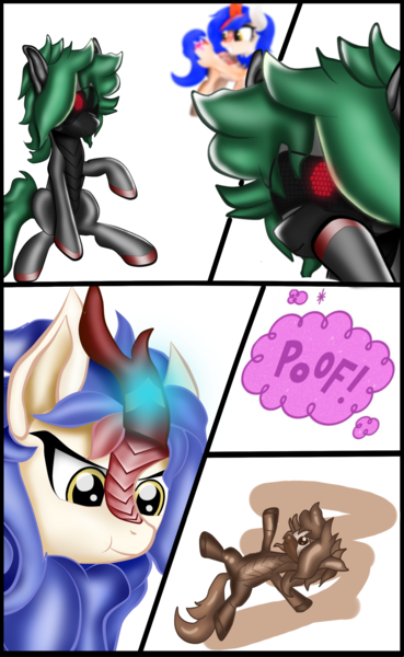 Size: 1600x2600 | Tagged: safe, artist:seki_98, derpibooru import, oc, oc:ryuko po, oc:tomas senko, ponified, chocolate pony, food pony, kirin, original species, pony, robot, robot pony, comic:senko adventure, comic, food, image, magic, png, simple background, transformation