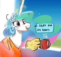 Size: 1700x1594 | Tagged: safe, artist:alumx, derpibooru import, princess celestia, alicorn, pony, blushing, coffee mug, female, glow, glowing horn, hand, happy, horn, image, jpeg, magic, magic hands, mare, mug, open mouth, open smile, smiling, solo, text box