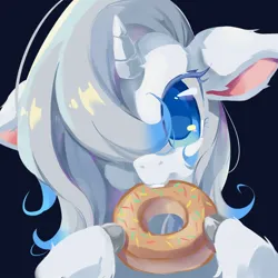 Size: 1080x1080 | Tagged: safe, artist:malt cat, derpibooru import, oleander (tfh), unicorn, them's fightin' herds, black background, community related, donut, eating, female, food, hoof hold, image, jpeg, looking at you, pure oleander, simple background, solo