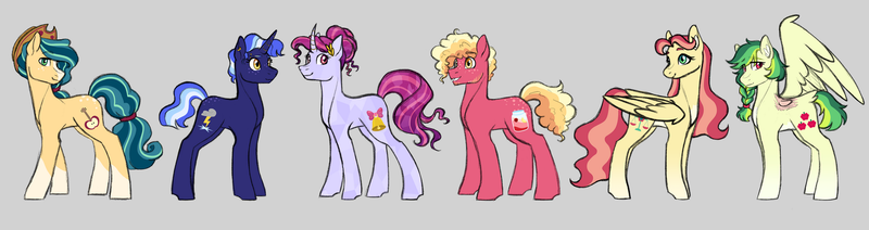 Size: 1920x509 | Tagged: safe, artist:crayoncreates, derpibooru import, oc, oc:cortland apple, oc:gala dash, oc:kunzite belle, oc:patient plea, oc:raspberry lemonade, oc:starstruck sparkle, unofficial characters only, earth pony, pegasus, pony, unicorn, amputee, beard, cowboy hat, earth pony oc, facial hair, female, freckles, gray background, hat, horn, image, magical lesbian spawn, male, mare, missing wing, next generation, offspring, parent:amber laurel, parent:applejack, parent:big macintosh, parent:coloratura, parent:flam, parent:fluttershy, parent:pinkie pie, parent:pokey pierce, parent:rainbow dash, parent:rarity, parent:sunset shimmer, parent:twilight sparkle, parents:amberity, parents:flamshy, parents:pokeytwi, parents:rainbowmac, parents:rarajack, parents:sunsetpie, pegasus oc, png, simple background, stallion, unicorn oc, wings