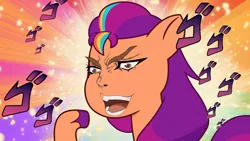 Size: 1280x724 | Tagged: safe, derpibooru import, edit, edited screencap, screencap, sunny starscout, earth pony, pony, my little pony: tell your tale, spoiler:g5, spoiler:my little pony: tell your tale, spoiler:tyts01e47, dio brando, g5, image, it was me, it was me dio, jojo reference, jojo's bizarre adventure, jpeg, meme, sunny's smoothie moves