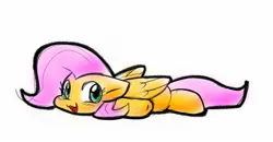 Size: 1405x728 | Tagged: safe, artist:zutcha, derpibooru import, fluttershy, pegasus, pony, cute, female, flat fuck friday, floppy ears, image, jpeg, lying down, mare, prone, shyabetes, simple background, smiling, solo, sploot, white background